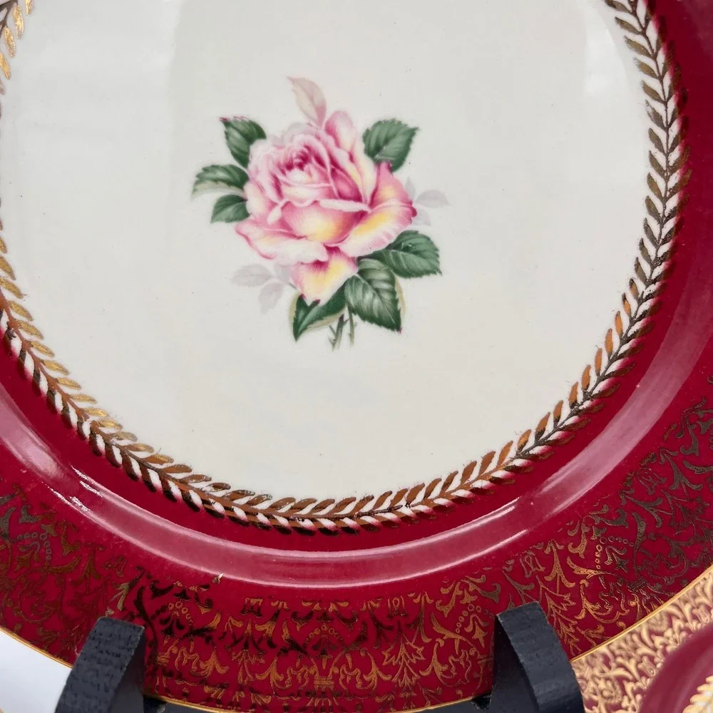 Homer Laughlin Lady Stratford Dessert Plates Set of 7 Maroon Gold Rose 7 1/8